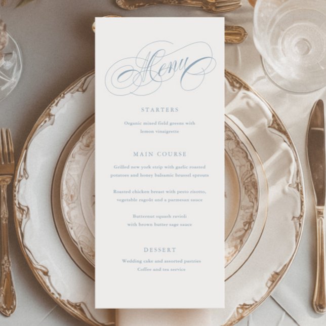 Elegant Script Kalligrafi Hög  Meny (Elegant dusty blue script tall dinner menu.)