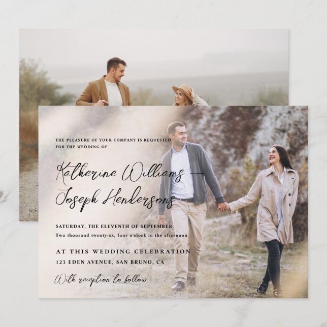 Elegant Script kalligrafi Modernt foto & QR-kod Inbjudningar (Fram/baksida)