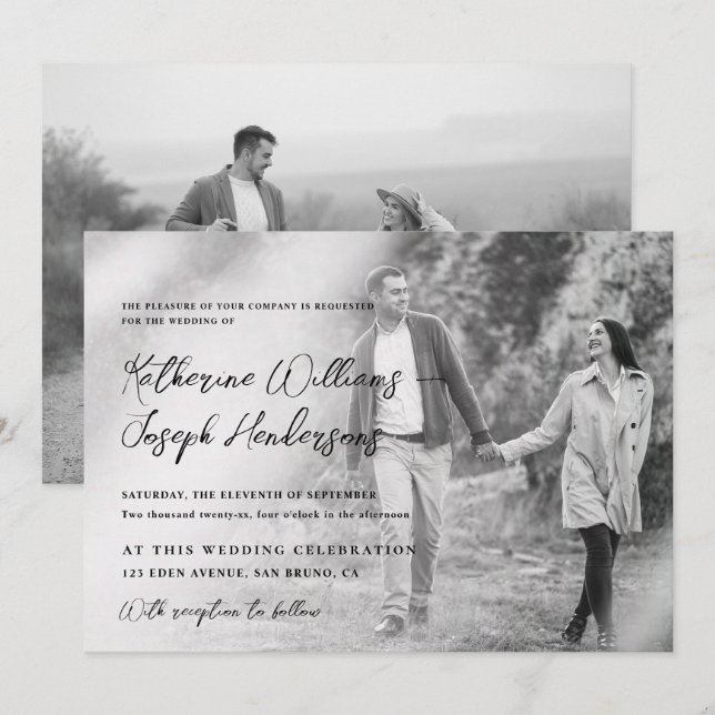 Elegant Script kalligrafi Modernt foto & QR-kod Inbjudningar (Fram/baksida)