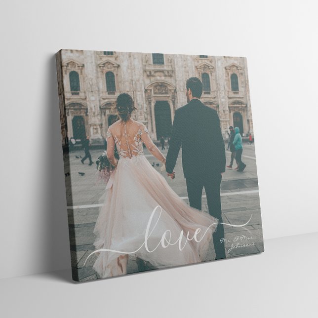 Elegant Script Kärlek, Personligt bröllp Photo Canvastryck (Elegant Script Love Mr Mrs Custom Wedding Photo Canvas Print
)