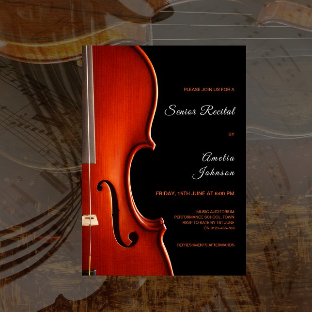 Elegant Script Klassisk Musik Studentkonsert Inbjudningar (Elegant Script Classy Music Senior Recital Invitation)