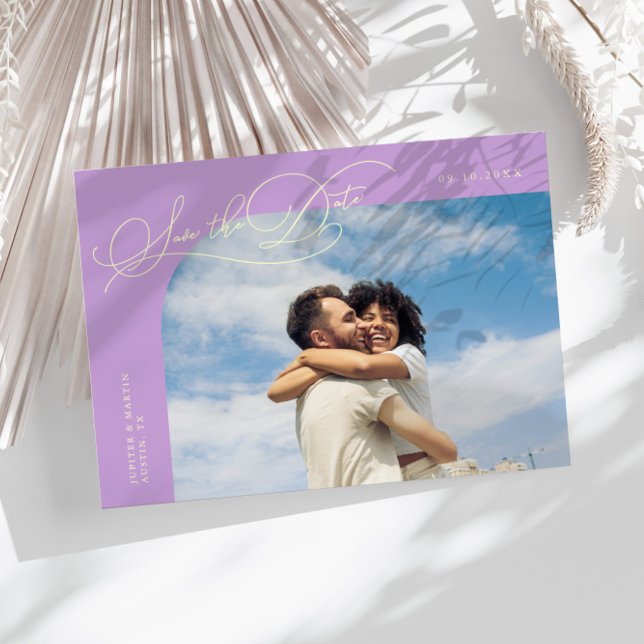 Elegant Script Lemon Wisteria Curved Frame Photo Spara Datumet (Skapare uppladdad)