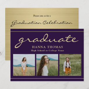 Elegant Script Lila Guld Tre foto Studenten Inbjudningar