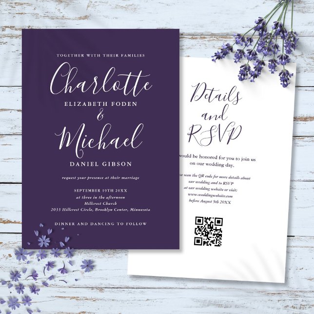 Elegant Script Lila Modern QR-kod Bröllop Inbjudningar (Elegant Script Purple Modern QR Code Wedding Invitation)