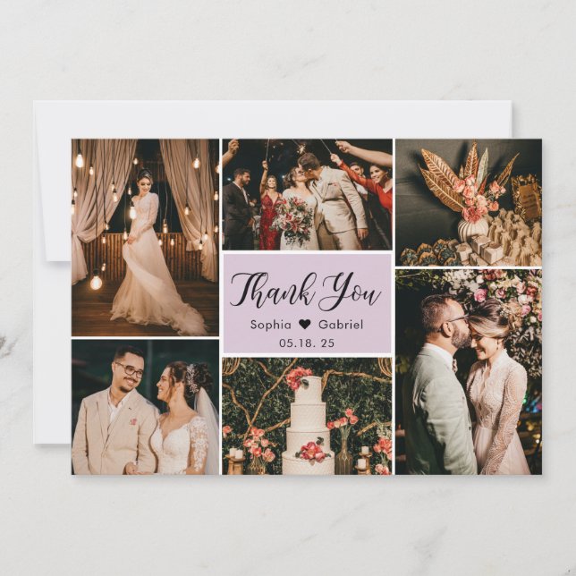 Elegant Script Lilac Bröllop Multi Photo Collage Tack Kort (Framsida)