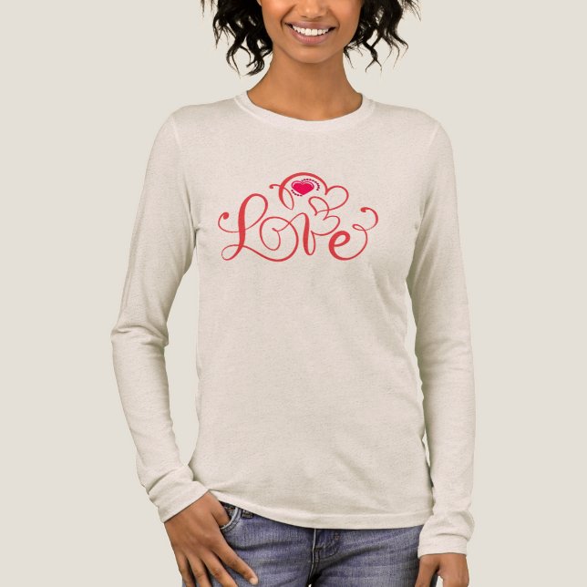 Elegant Script Love Heart Långärmad T-Shirt - Ro (Framsida)