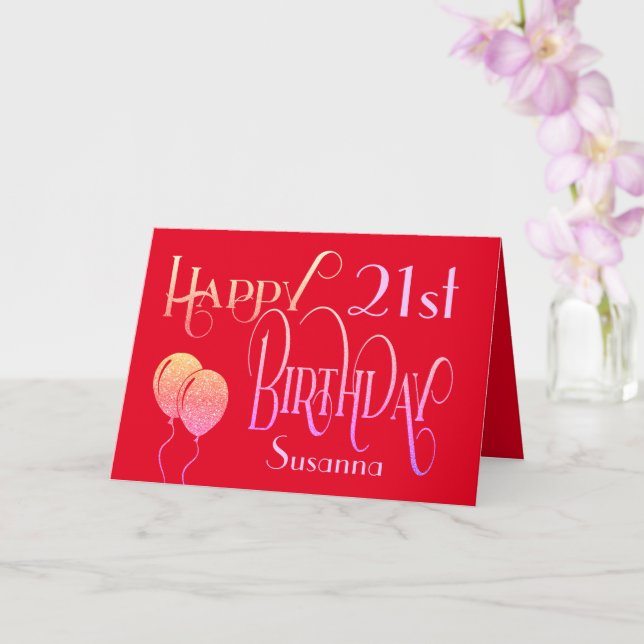 Elegant Script Lycklig 21:a Namn Red Birthday Kort (Orkide)