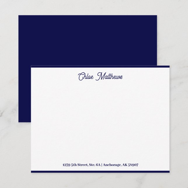 Elegant Script-mallen Navy Blue Stationery Gräns Anteckningskort (Fram/baksida)