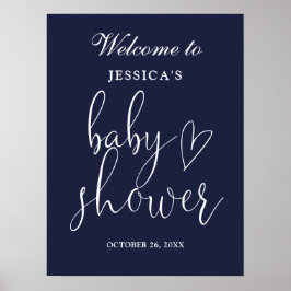 Elegant Script Marinblå Bebis Shower Välkomstskylt Poster