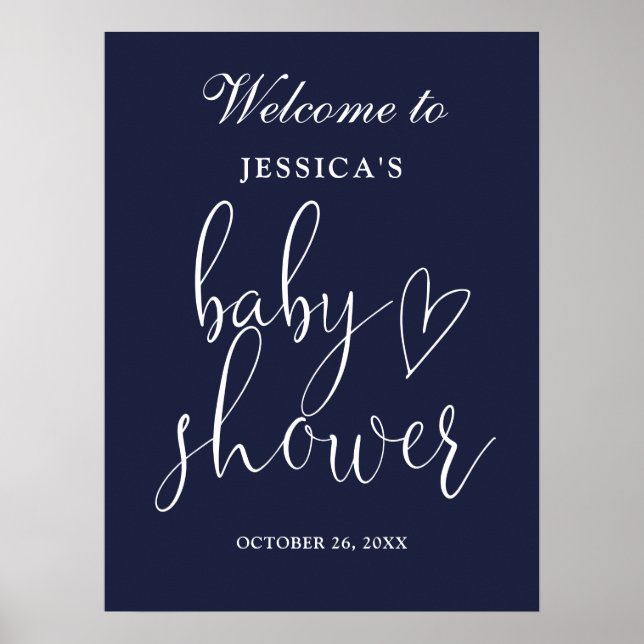 Elegant Script Marinblå Bebis Shower Välkomstskylt Poster (Framsidan)