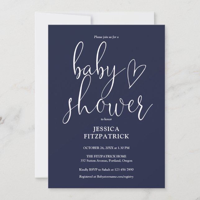 Elegant Script Marinblå Endags Babyfirande Inbjudningar (Framsida)