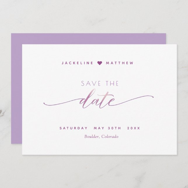 Elegant Script, Mauve Lavender Simple Bröllop Spara Datumet (Fram/baksida)