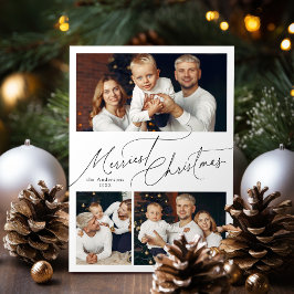 Elegant Script Merry Christmas Family 3 Photo Julkort