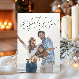 Elegant Script Merry Christmas Family Photo Julkort