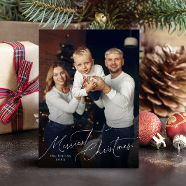 Elegant Script Merry Christmas Family Photo Julkort