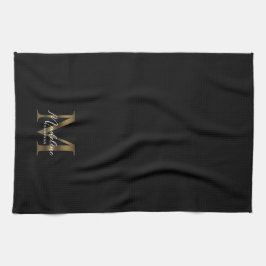 Elegant Script Metallic Black och Guld Monogram Kökshandduk