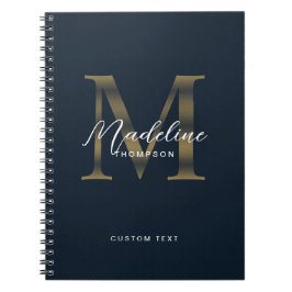 Elegant Script Metallic Navy Blue Gold Monogram Anteckningsbok