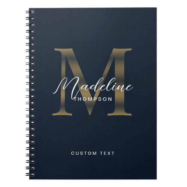 Elegant Script Metallic Navy Blue Gold Monogram Anteckningsbok (Framsidan)