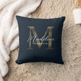 Elegant Script Metallic Navy Blue Gold Monogram Kudde