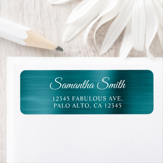 Elegant Script Metallic Teal Blue Returadress Etikett (Insitu)