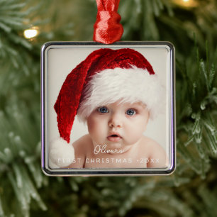 Elegant Script Min Första Jul Babys Foto Julgransprydnad Metall