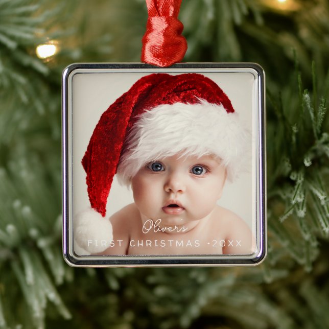 Elegant Script Min Första Jul Babys Foto Julgransprydnad Metall (Träd)