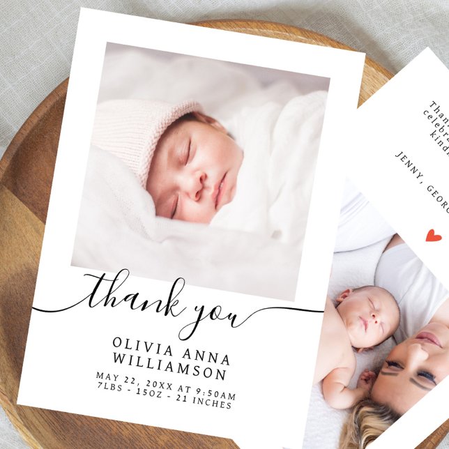 Elegant Script Minimal 2 Foto Baby Shower  Tack Kort (Skapare uppladdad)