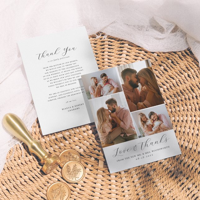 Elegant Script Minimalist 4 Photo Collage Bröllop Tack Kort (Skapare uppladdad)
