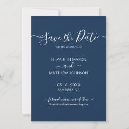 Elegant Script Minimalist Navy och White Bröllop Spara Datumet
