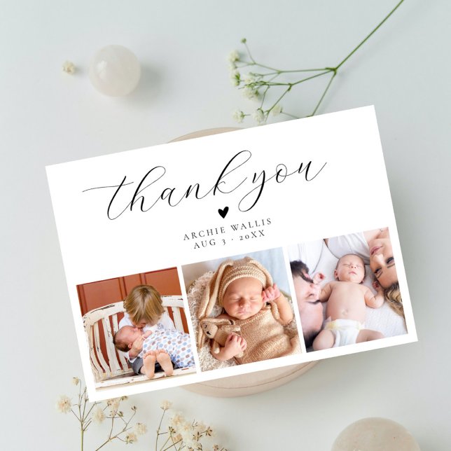 Elegant Script - minimalt foto-Collage Baby Shower Tack Kort (Skapare uppladdad)