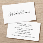 Elegant Script Modern Minimalist Vit Visitkort<br><div class="desc">Stiliga och professionella visitkort med modern typsnitt och minimalistisk design. Denna redigerbara mall kan anpassas med ditt namn, jobbtitel, telefonnummer, e-postadress, webbplats, användarnamn på sociala medier och adress. Den har fullständigt anpassningsbar text för att passa dina unika affärsbehov. Denna eleganta design är idealisk för olika företag, inklusive kreativa proffs, sminkartister,...</div>
