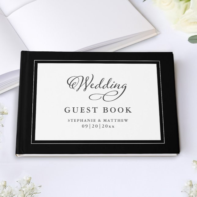 Elegant Script Modern Namn Bröllop Black & White Gästböcker (Elegant Script Modern Names Wedding Black & White Guest Book)
