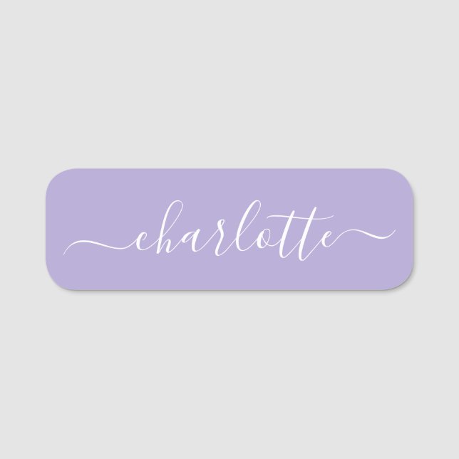 Elegant Script Modern Namn Personlig Lavender Namnbricka (Framsida)