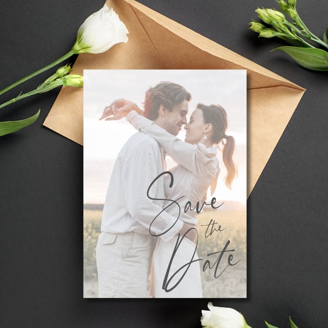 Elegant Script Modern Photo Bröllop Spara Datumet (Elegant Script Modern Photo Wedding Save The Date)