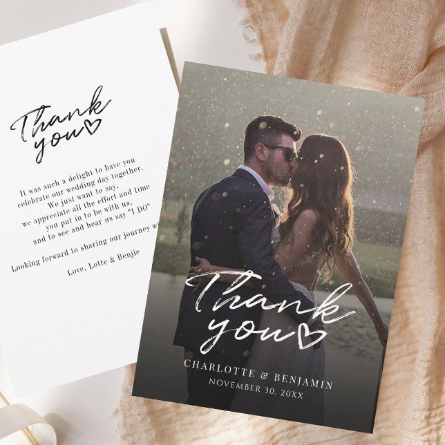 Elegant Script Modern Photo Bröllop Tack Anteckningskort (Elegant Script Modern Photo Wedding Thank You Note Card)