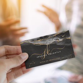 Elegant Script Monogram Black Agate Guld Glitter Visitkort