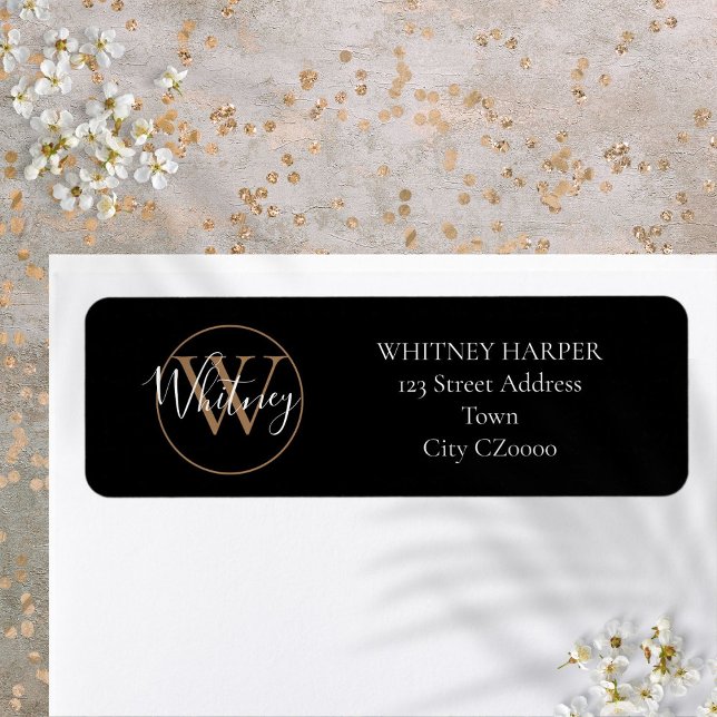 Elegant Script Monogram Black och Guld Adress Returadress Etikett (Skapare uppladdad)