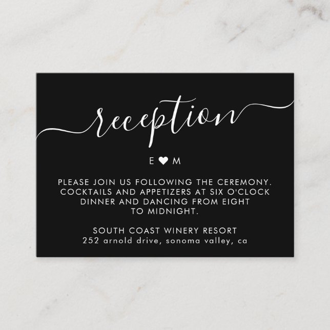 Elegant Script Monogram Black Wedding Reception Tilläggskort (Framsida)