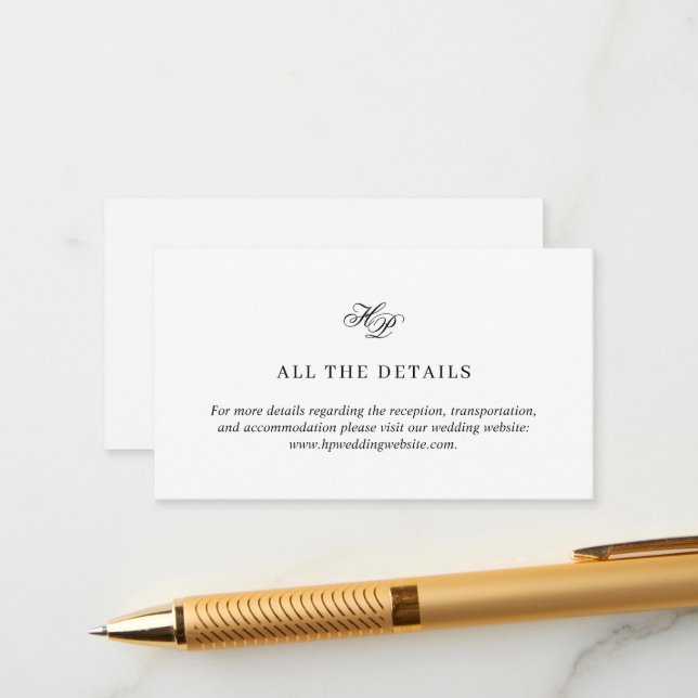 Elegant Script Monogram Black & White Bröllop Tilläggskort (Fram/Back In Situ)