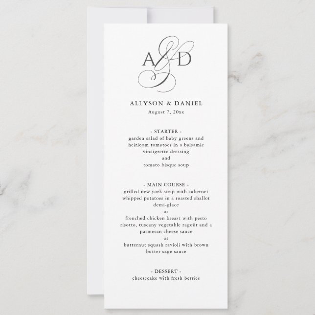 Elegant Script Monogram Classic Wedding Menu Inbjudningar (Framsida)