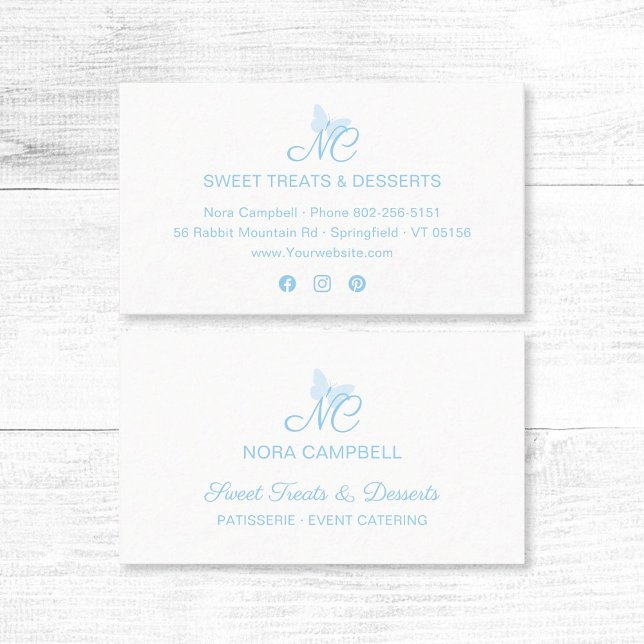 Elegant Script Monogram Cute Baby blue Butterfly Visitkort (Modern, elegant baby blue typography, butterfly monogram business card with social media icons.)