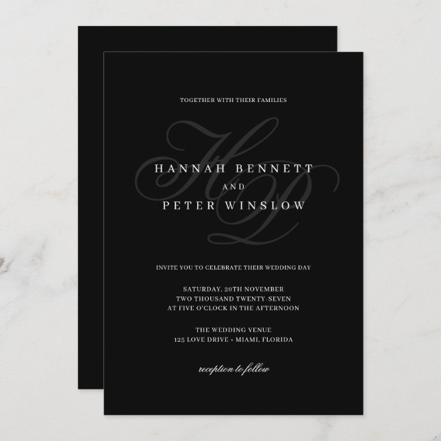 Elegant Script Monogram Initialer Black Bröllop Inbjudningar (Fram/baksida)