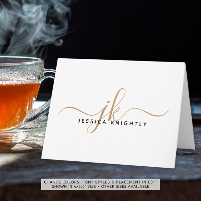 Elegant Script Monogram Initialer Namn Guld Black Anteckningskort (Skapare uppladdad)
