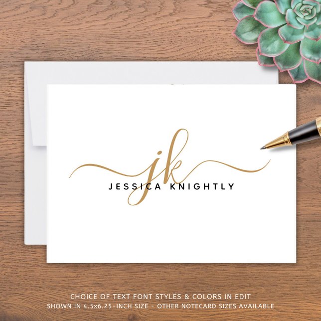 Elegant Script Monogram Initialer Namn White Guld Anteckningskort (Skapare uppladdad)