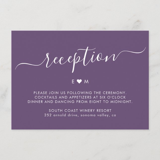 Elegant Script Monogram Lila Wedding Reception Tilläggskort (Framsida)