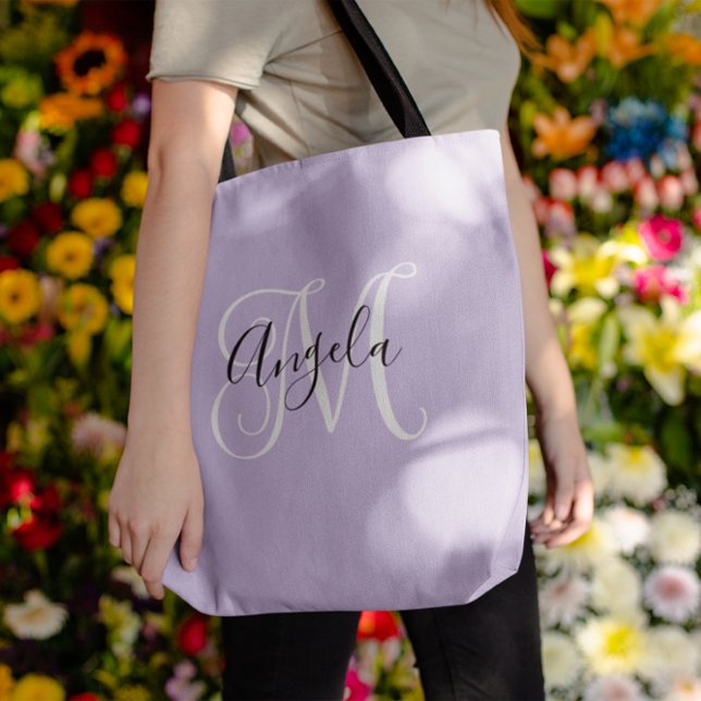 Elegant Script Monogram Ljus Lavendel Tygkasse (Pale Lavender Elegant Script Monogram Tote Bag)