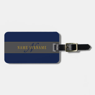 Elegant Script Monogram Mörk Navy Blue Grått & Gul Bagagebricka