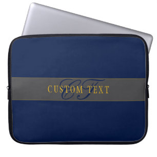Elegant Script Monogram Mörk Navy Blue Grått & Gul Laptop Fodral