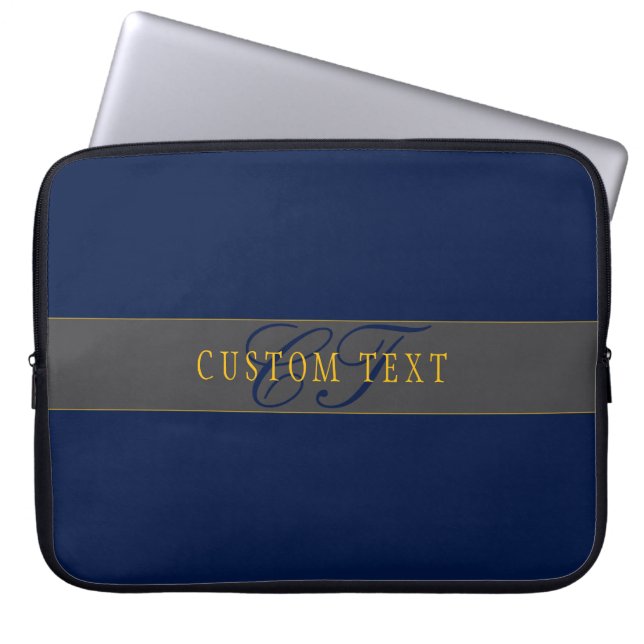 Elegant Script Monogram Mörk Navy Blue Grått & Gul Laptop Fodral (Framsidan)