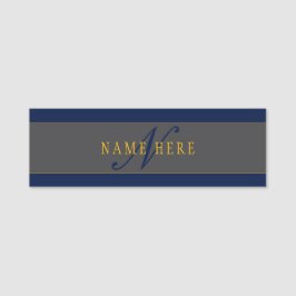 Elegant Script Monogram Mörk Navy Blue Grått & Gul Namnbricka